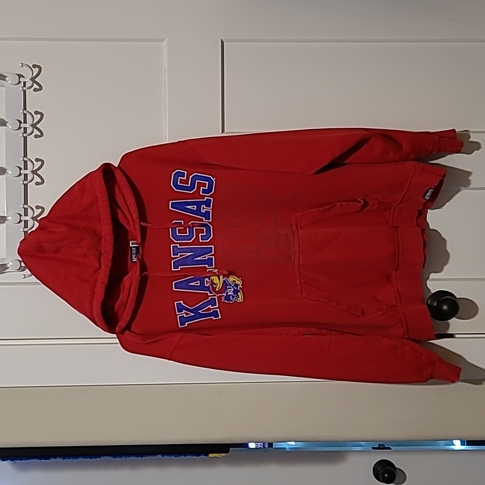 Mens Large - Red Kansas Jayhawks - Sweatshirt Hoodie - Faded
